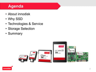 • About innodisk
• Why SSD
• Technologies & Service
• Storage Selection
• Summary
2
Agenda
 