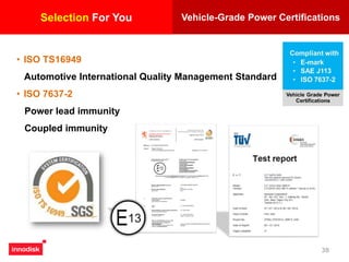 38
Selection For You Vehicle-Grade Power Certifications
• ISO TS16949
Automotive International Quality Management Standard
• ISO 7637-2
Power lead immunity
Coupled immunity
 