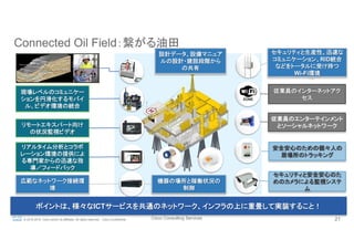 Cisco Consulting Services 21© 2015-2016 Cisco and/or its affiliates. All rights reserved. Cisco Confidential
Connected Oil Field：繋がる油田
セキュリティと生産性、迅速な
コミュニケーション、RID統合
などをトータルに受け持つ
Wi-Fi環境
セキュリティと安全安心のた
めのカメラによる監視システ
ム
現場レベルのコミュニケー
ションを円滑化するモバイ
ル、ビデオ環境の統合
リモートエキスパート向け
の状況監視ビデオ
リアルタイム分析とコラボ
レーション環境の提供によ
る専門家からの迅速な指
導／フィードバック
広範なネットワーク接続環
境
安全安心のための個々人の
居場所のトラッキング
従業員のエンターテインメント
とソーシャルネットワーク
従業員のインターネットアク
セス
機器の場所と稼働状況の
制御
ポイントは、様々なICTサービスを共通のネットワーク、インフラの上に重畳して実装すること！
設計データ、設備マニュア
ルの設計・建設段階から
の共有
 