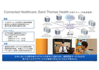 Cisco Consulting Services 25© 2015-2016 Cisco and/or its affiliates. All rights reserved. Cisco Confidential
課題
ソリューション
効果
Connected Healthcare：Saint Thomas Health（米国テネシー州医療機関）	
•  17,000マイル、40の郡の主要医療機関
•  医者または患者が定期診察のため、
最大往復３時間の運転が必要。
•  以下を対象に遠隔診療システム
Cisco HealthPresenceを導入
•  診療所　4か所
•  医者のロケーション　10か所
•  患者のロケーション　18か所
•  遠隔地の患者へのアクセス拡張を実現
•  移動時間を削減し、結果としてコスト削減
•  「すっぽかし」を減らし患者の満足度向上
日本においても厚労省ガイドラインが本年にも施行され、遠隔問診サービスなどの
様々なヘルスケアサービスが実施できるようになると予想される。
 