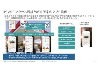 Cisco Consulting Services 35© 2015-2016 Cisco and/or its affiliates. All rights reserved. Cisco Confidential
２）Wi-Fiアクセス環境と給油所案内アプリ提供	
給油所の中でも貴社が積極的に支援する場所については、Wi-Fiアクセス環境を提供すると共に、ドライブ
アプリ、近隣給油所案内、給油量管理、コミュニティ形成を支援するアプリを提供します。	
給油所案内	
給油所チェックイン	
給油所写真掲載	
給油量と燃費管理	
SNS連携	
・・・・・	
無料Wi-Fi環境を提供	
Beaconで
チェックイン機能を提供	
無料Wi-Fi環境とアプリケーションを提供することでSSによって頂きやすくするだけでなく、
お客様の利用動向把握、コミュニティ形成を通じて取得しにくい混雑状況などを把握する。
給油所サーチ	
 給油所人気ランキング	
 給油所混雑状況モニタ	
その他の提供サービス	
＋アプリの提供
（Webではなく）	
 