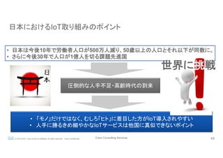 Cisco Consulting Services 43© 2015-2016 Cisco and/or its affiliates. All rights reserved. Cisco Confidential
日本におけるIoT取り組みのポイント	
•  日本は今後10年で労働者人口が500万人減り、50歳以上の人口とそれ以下が同数に。
•  さらに今後30年で人口が1億人を切る課題先進国	
圧倒的な人手不足・高齢時代の到来	
•  「モノ」だけではなく、むしろ「ヒト」に着目した方がIoT導入されやすい
•  人手に勝るきめ細やかなIoTサービスは他国に真似できないポイント
世界に挑戦	
 