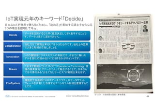 Cisco Consulting Services 44© 2015-2016 Cisco and/or its affiliates. All rights reserved. Cisco Confidential
IoT実現元年のキーワード「Decide」	
自社だけで実現出来るIoTは小さなものです。他社との協業
で大きな取組を目指しましょう。	
IoTの真髄はビジネスモデルの革新です。今までに無いモ
デルを自社の強み伝いにどう作るかがポイントです。	
これまで断絶していたITとOT（Operational Technology：現
場の操業技術）がデータによって融合することで、日本なら
ではの夢のある“おもてなしサービス”が実現出来るはず。	
複数社で共通のビジネスアーキテクチャやデータプラット
フォームを共有した自律するエコシステム形成を意識するこ
とです。	
データを活用するなら早く意思決定して早く着手することで
す。データは直ぐに溜まりません。	
日本のIoTが世界で勝ち抜くために、「決める」を意味する頭文字からなる
5つの項目を提唱して今sy。	
Collaboration	
Innovation	
Dream	
EcoSystem	
Decide	
※12/24　日経新聞全国版に寄稿掲載	
 
