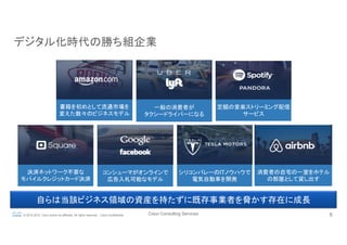 Cisco Consulting Services 6© 2015-2016 Cisco and/or its affiliates. All rights reserved. Cisco Confidential
デジタル化時代の勝ち組企業	
一般の消費者が
タクシードライバーになる	
消費者の自宅の一室をホテル
の部屋として貸し出す	
書籍を初めとして流通市場を
変えた数々のビジネスモデル	
定額の音楽ストリーミング配信
サービス	
決済ネットワーク不要な
モバイルクレジットカード決済	
シリコンバレーのITノウハウで
電気自動車を開発	
コンシューマがオンラインで
広告入札可能なモデル	
自らは当該ビジネス領域の資産を持たずに既存事業者を脅かす存在に成長	
 