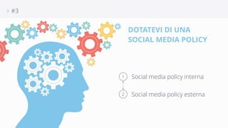 1 
2 
∠ #3 
DOTATEVI DI UNA 
SOCIAL MEDIA POLICY 
Social media policy interna 
Social media policy esterna 
 
