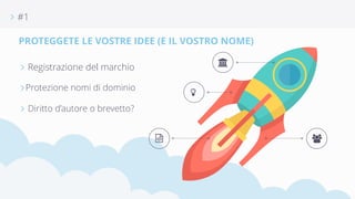 ∠ #1 
PROTEGGETE LE VOSTRE IDEE (E IL VOSTRO NOME) 
0 
, 
1 
$ 
∠ Registrazione del marchio 
∠Protezione nomi di dominio 
∠ Diritto d’autore o brevetto? 
 