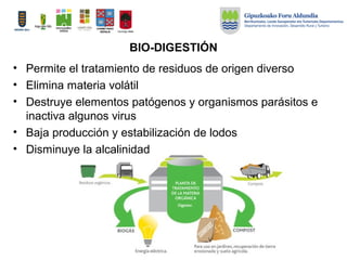 BIO-DIGESTIÓN
• Permite el tratamiento de residuos de origen diverso
• Elimina materia volátil
• Destruye elementos patógenos y organismos parásitos e
inactiva algunos virus
• Baja producción y estabilización de lodos
• Disminuye la alcalinidad
 