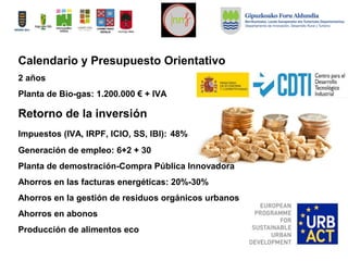 Calendario y Presupuesto Orientativo
2 años
Planta de Bio-gas: 1.200.000 € + IVA
Retorno de la inversión
Impuestos (IVA, IRPF, ICIO, SS, IBI): 48%
Generación de empleo: 6+2 + 30
Planta de demostración-Compra Pública Innovadora
Ahorros en las facturas energéticas: 20%-30%
Ahorros en la gestión de residuos orgánicos urbanos
Ahorros en abonos
Producción de alimentos eco
 