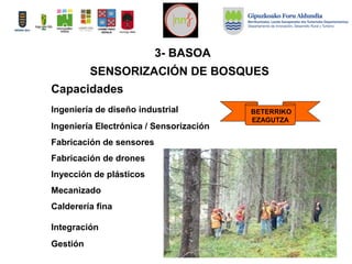 Capacidades
Ingeniería de diseño industrial
Ingeniería Electrónica / Sensorización
Fabricación de sensores
Fabricación de drones
Inyección de plásticos
Mecanizado
Calderería fina
Integración
Gestión
SENSORIZACIÓN DE BOSQUES
BETERRIKO
EZAGUTZA
3- BASOA
 