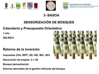 Calendario y Presupuesto Orientativo
1 año
500.000 €
Retorno de la inversión
Impuestos (IVA, IRPF, SS, IAE, IBI): 48%
Generación de empleo: 2 + 20
Bosque demostración
Ahorros derivados de la gestión eficiente del bosque
SENSORIZACIÓN DE BOSQUES
3- BASOA
 