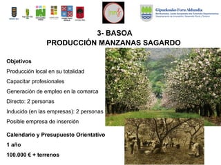 3- BASOA
PRODUCCIÓN MANZANAS SAGARDO
Objetivos
Producción local en su totalidad
Capacitar profesionales
Generación de empleo en la comarca
Directo: 2 personas
Inducido (en las empresas): 2 personas
Posible empresa de inserción
Calendario y Presupuesto Orientativo
1 año
100.000 € + terrenos
 