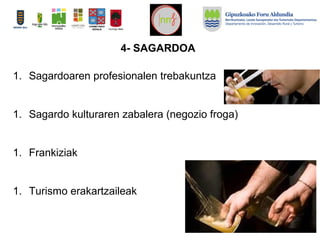 4- SAGARDOA
1. Sagardoaren profesionalen trebakuntza
1. Sagardo kulturaren zabalera (negozio froga)
1. Frankiziak
1. Turismo erakartzaileak
 