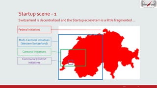 Startup scene - 1
Switzerland is decentralized and the Startup ecosystem is a little fragmented …
Federal initiatives
Mult...