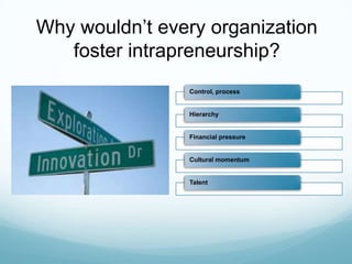 Why wouldn’t every organization
foster intrapreneurship?
Control, process

Hierarchy

Financial pressure

Cultural momentum

Talent

 