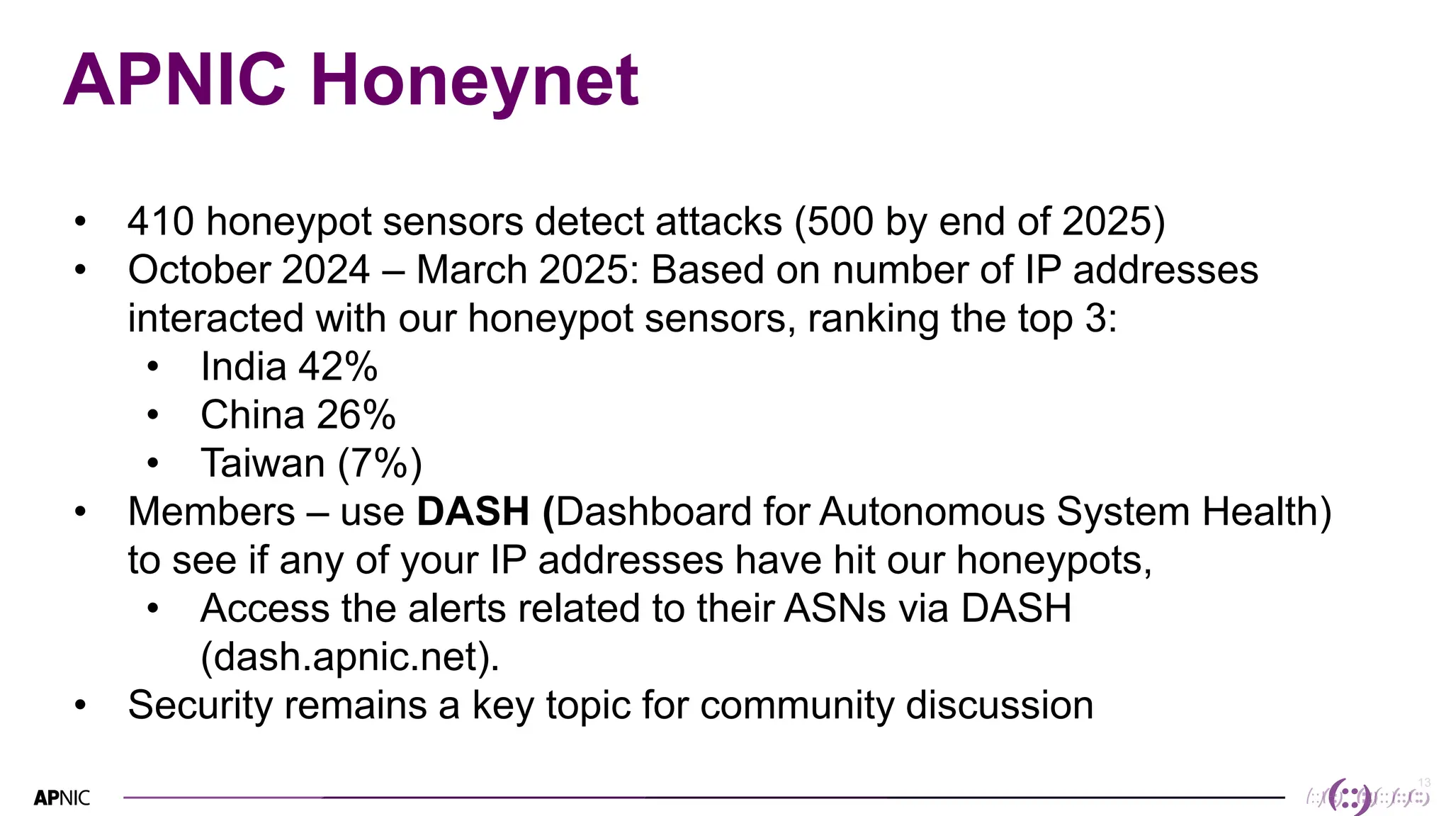 13
APNIC Honeynet
• 410 honeypot sensors detect attacks (500 by end of 2025)
• October 2024 – March 2025: Based on number of IP addresses
interacted with our honeypot sensors, ranking the top 3:
• India 42%
• China 26%
• Taiwan (7%)
• Members – use DASH (Dashboard for Autonomous System Health)
to see if any of your IP addresses have hit our honeypots,
• Access the alerts related to their ASNs via DASH
(dash.apnic.net).
• Security remains a key topic for community discussion
 