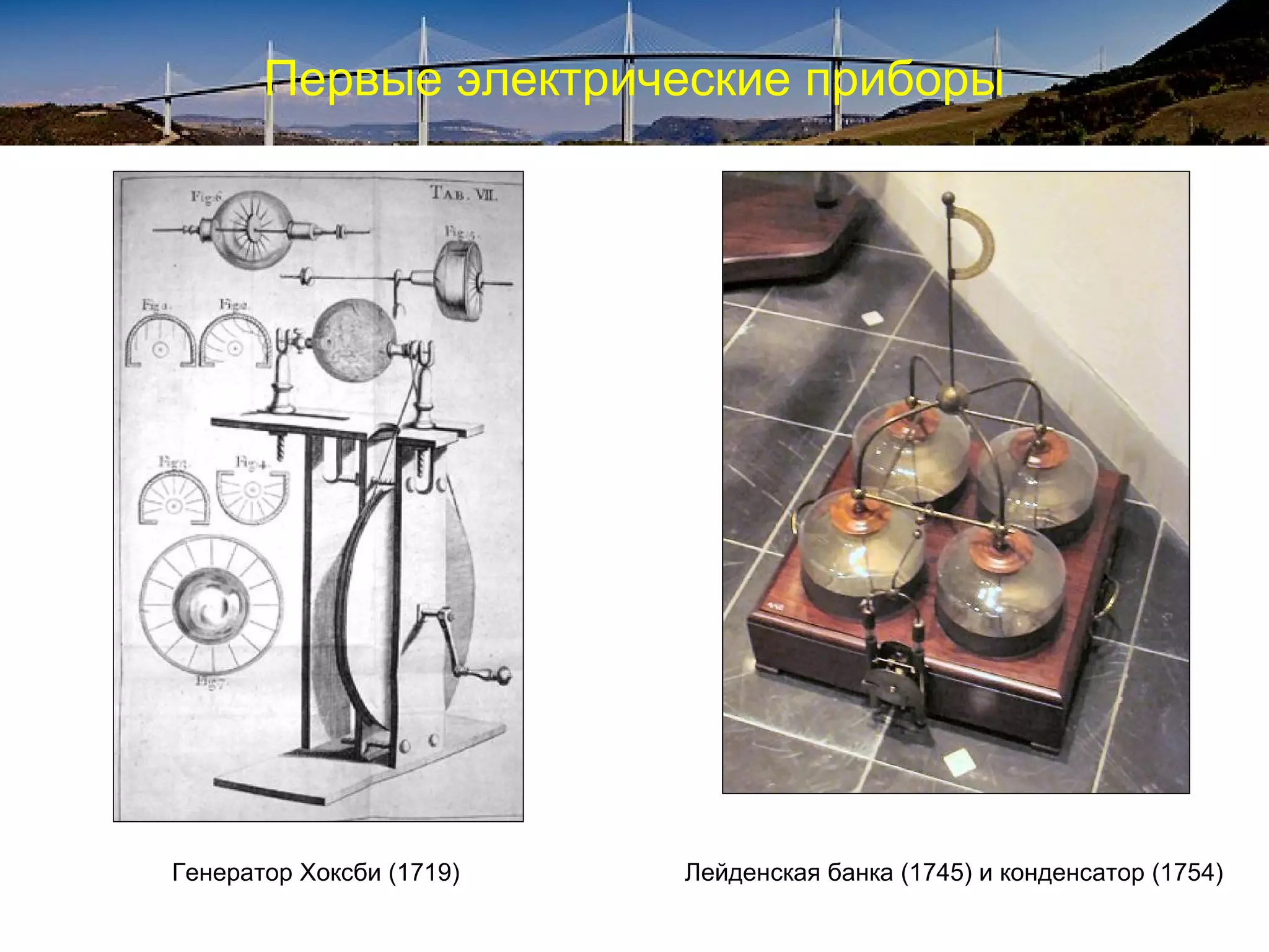 Первые электрические приборы




Генератор Хоксби (1719)   Лейденская банка (1745) и конденсатор (1754)
 
