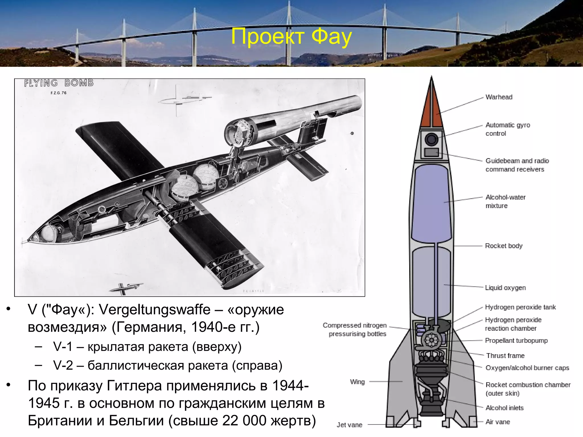 Проект Фау




•   V ("Фау«): Vergeltungswaffe – «оружие
    возмездия» (Германия, 1940-е гг.)
     – V-1 – крылатая ракета (вверху)
     – V-2 – баллистическая ракета (справа)
•   По приказу Гитлера применялись в 1944-
    1945 г. в основном по гражданским целям в
    Британии и Бельгии (свыше 22 000 жертв)
 