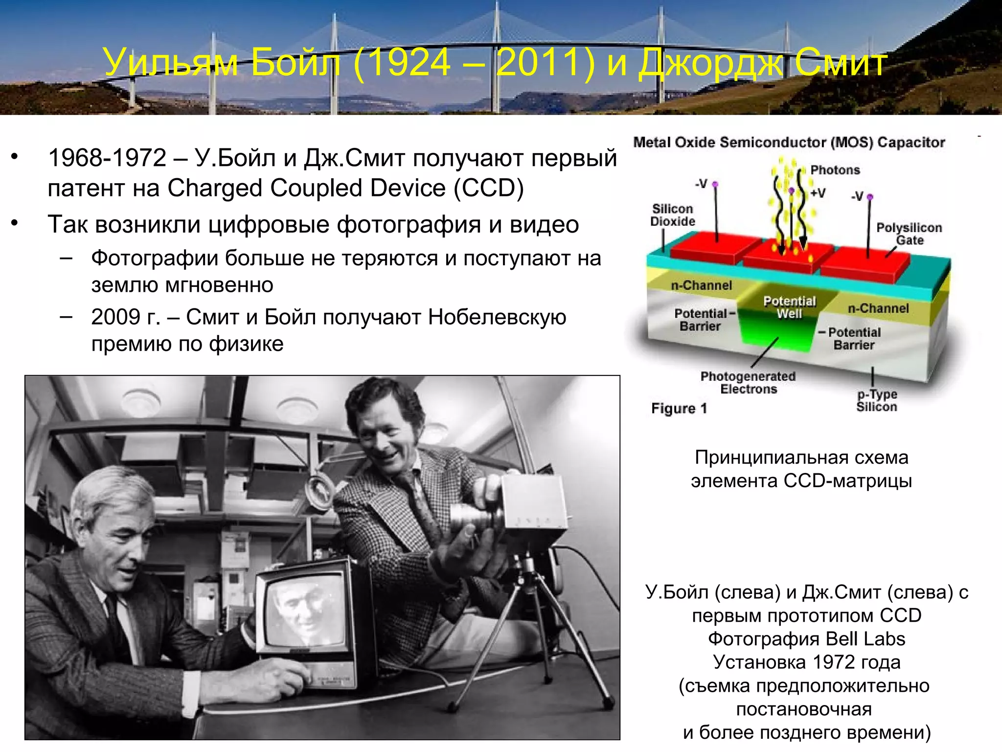 Уильям Бойл (1924 – 2011) и Джордж Смит

•   1968-1972 – У.Бойл и Дж.Смит получают первый
    патент на Charged Coupled Device (CCD)
•   Так возникли цифровые фотография и видео
    – Фотографии больше не теряются и поступают на
      землю мгновенно
    – 2009 г. – Смит и Бойл получают Нобелевскую
      премию по физике




                                                         Принципиальная схема
                                                         элемента CCD-матрицы




                                                     У.Бойл (слева) и Дж.Смит (слева) с
                                                          первым прототипом CCD
                                                            Фотография Bell Labs
                                                            Установка 1972 года
                                                        (съемка предположительно
                                                              постановочная
                                                         и более позднего времени)
 