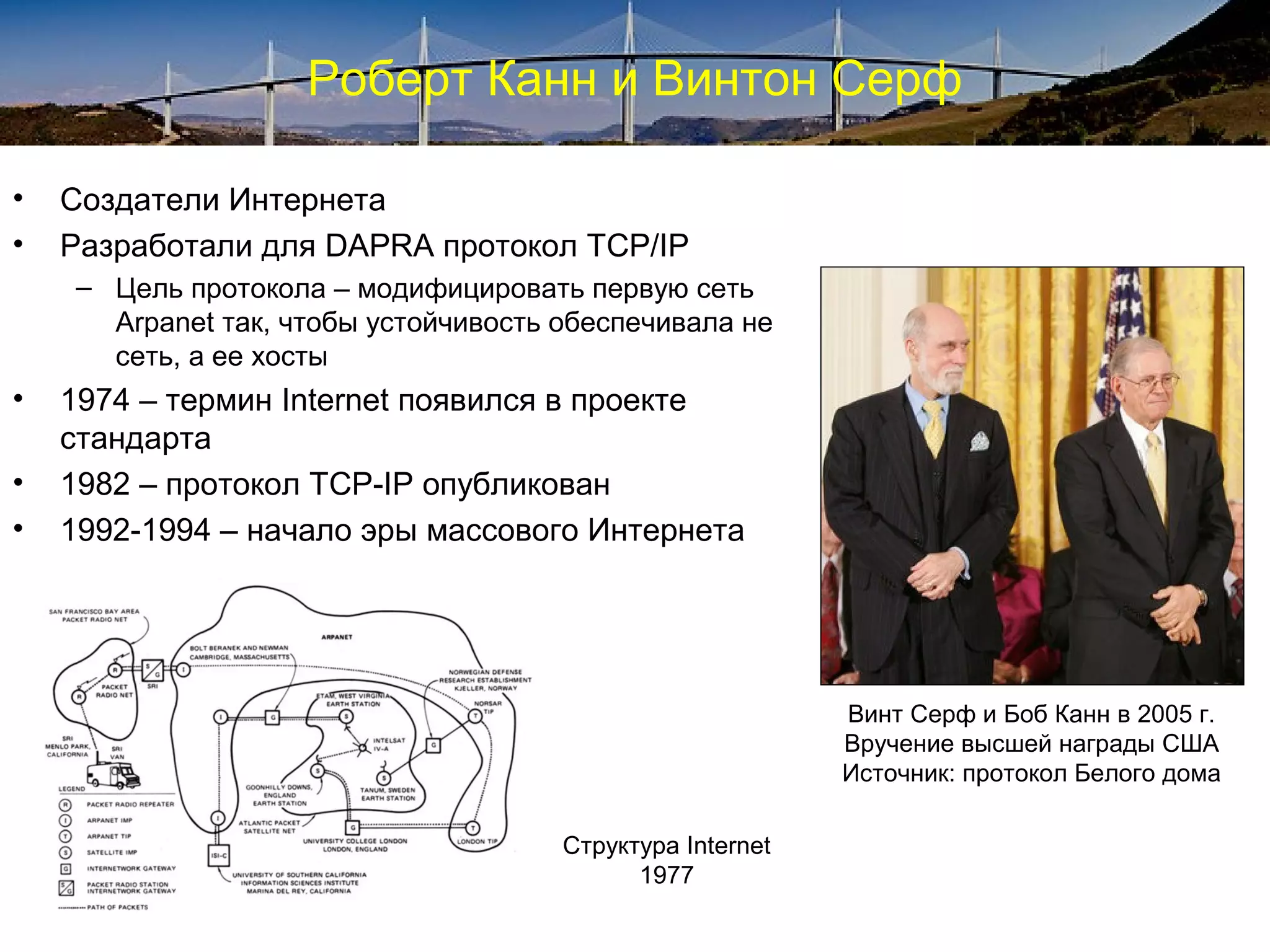 Роберт Канн и Винтон Серф

•   Создатели Интернета
•   Разработали для DAPRA протокол TCP/IP
    – Цель протокола – модифицировать первую сеть
      Arpanet так, чтобы устойчивость обеспечивала не
      сеть, а ее хосты
•   1974 – термин Internet появился в проекте
    стандарта
•   1982 – протокол TCP-IP опубликован
•   1992-1994 – начало эры массового Интернета




                                                           Винт Серф и Боб Канн в 2005 г.
                                                           Вручение высшей награды США
                                                           Источник: протокол Белого дома

                                      Структура Internet
                                            1977
 