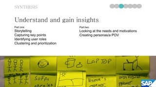 SYNTHESIS


Understand and gain insights
Part one                        Part two
Storytelling                    Looking at the needs and motivations
Capturing key points            Creating personas/a POV
Identifying user roles
Clustering and prioritization




                                                          ©SAP AG 2010 | 30
                                                                  2012
 