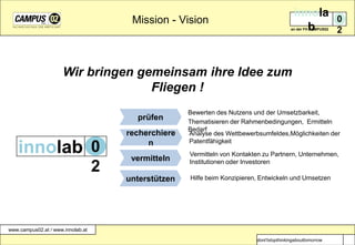 Mission - VisionWir bringen gemeinsam ihre Idee zum Fliegen !Bewerten des Nutzens und der Umsetzbarkeit, Thematisieren der Rahmenbedingungen,  Ermitteln BedarfprüfenrecherchierenAnalyse des Wettbewerbsumfeldes,Möglichkeiten der Patentfähigkeit02innolabvermittelnVermitteln von Kontakten zu Partnern, Unternehmen, Institutionen oder InvestorenunterstützenHilfe beim Konzipieren, Entwickeln und Umsetzen