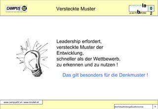 Versteckte MusterLeadership erfordert,versteckte Muster der Entwicklung,schneller als der Wettbewerb,zu erkennen und zu nutzen !Das gilt besonders für die Denkmuster ! 9