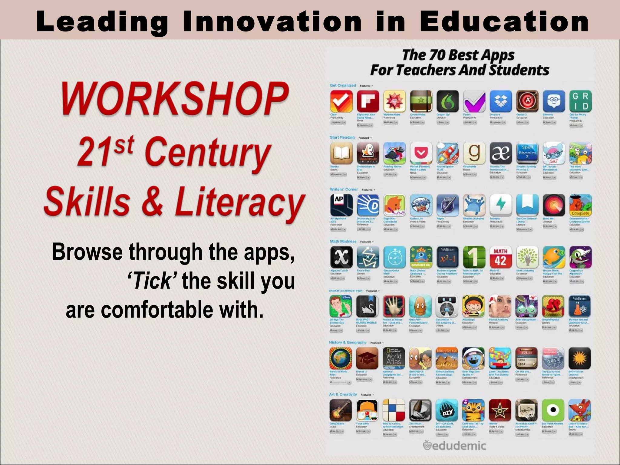 Leading Innovation in Education
Browse through the apps,
‘Tick’ the skill you
are comfortable with.
 