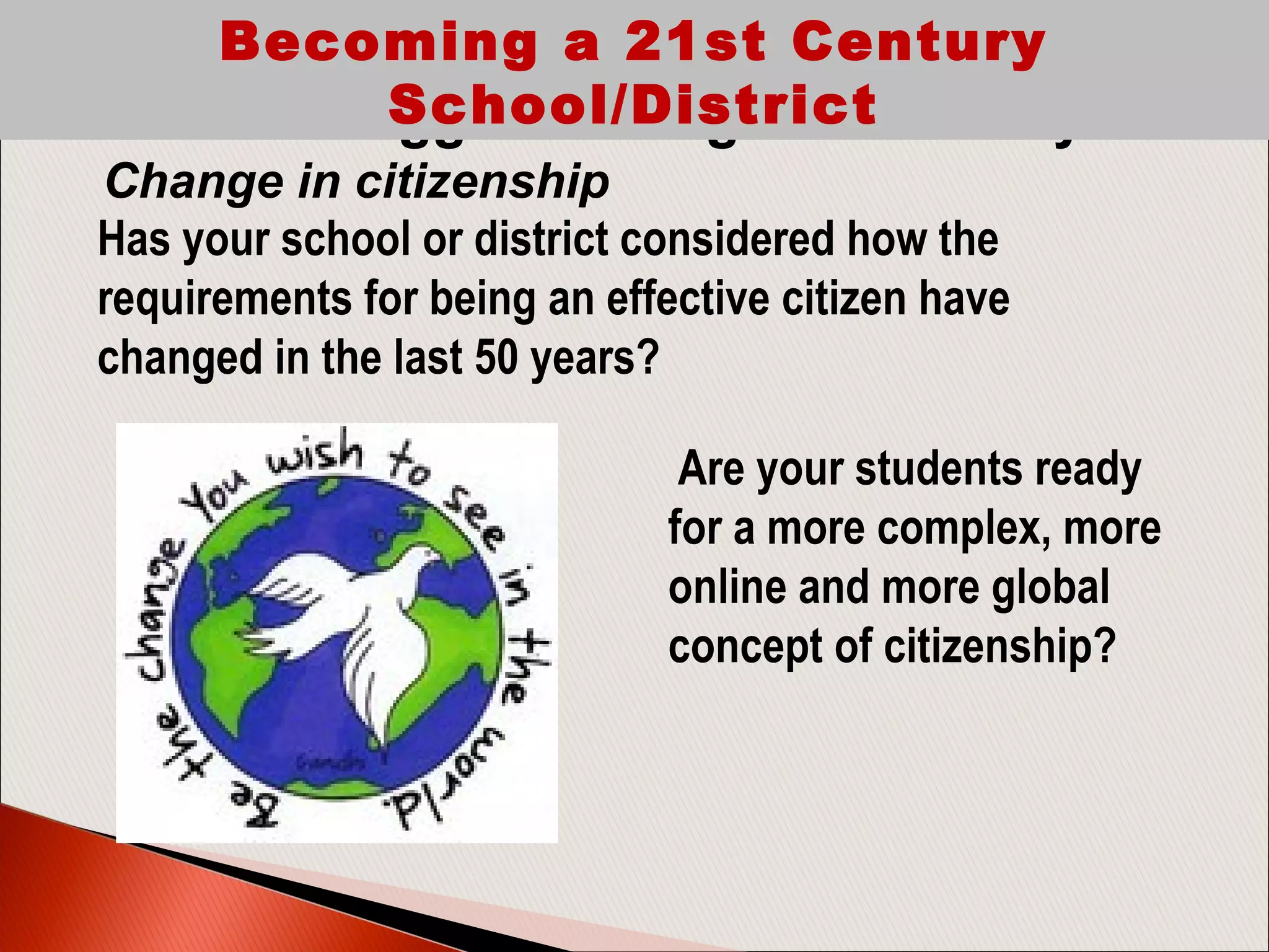 The Biggest Changes in Society
Change in citizenship
Becoming a 21st Century
School/District
Has your school or district considered how the
requirements for being an effective citizen have
changed in the last 50 years?
Are your students ready
for a more complex, more
online and more global
concept of citizenship?
 