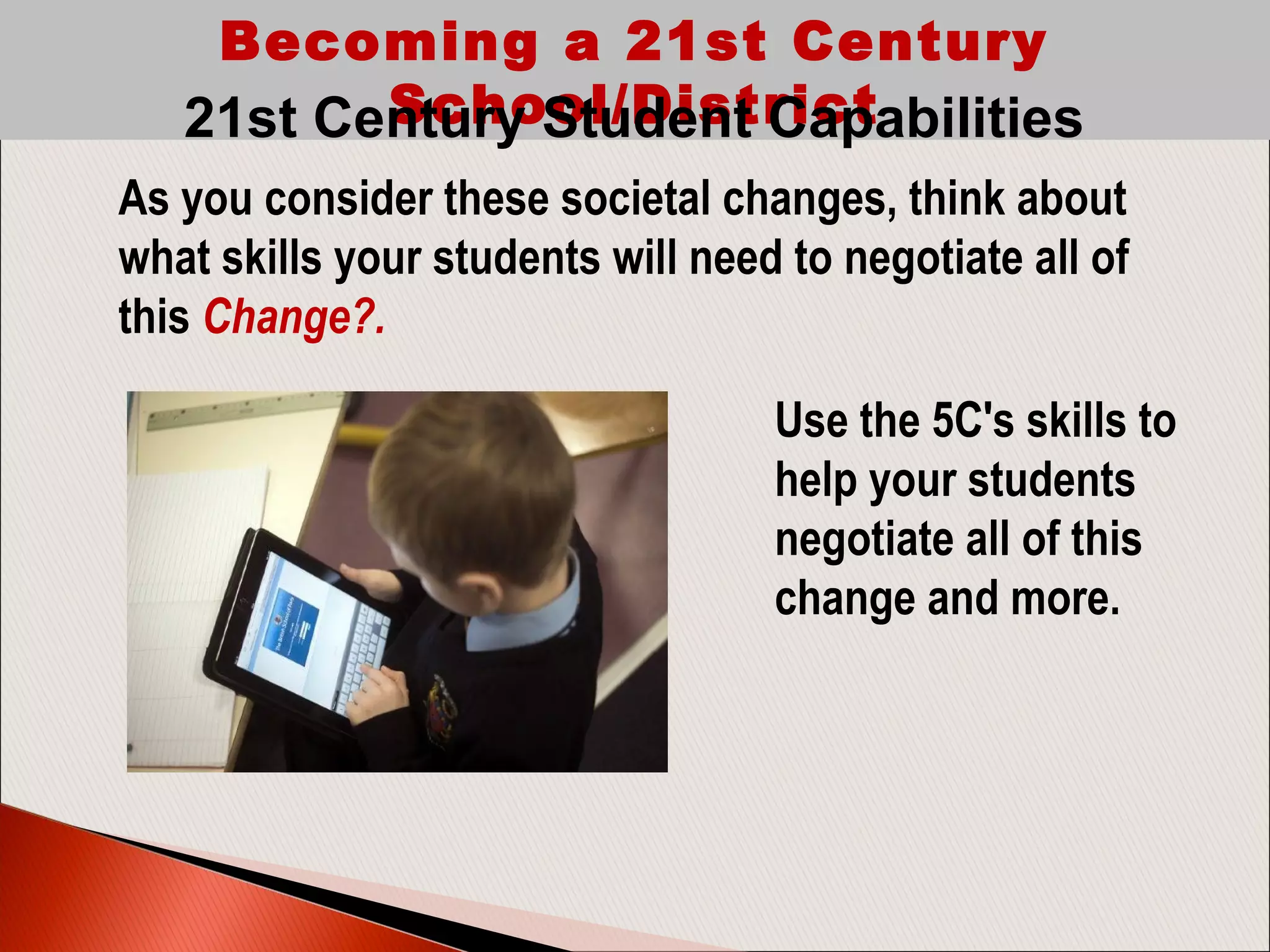 Use the 5C's skills to
help your students
negotiate all of this
change and more.
Becoming a 21st Century
School/District
As you consider these societal changes, think about
what skills your students will need to negotiate all of
this Change?.
21st Century Student Capabilities
 