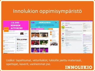 Innolukion oppimisympäristö




Lisäksi: tapahtumat, veturilukiot, lukioille jaettu materiaali,
opettajat, kaverit, vanhemmat jne.
 