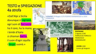 TESTO e SPIEGAZIONE
4a strofa
«Dall'Alpi a Sicilia
dovunque è Legnano,
ogn'uom di Ferruccio
ha il core, ha la mano,
i bimbi d'Italia
si chiaman Balilla,
il suon d'ogni squilla
i Vespri suonò.»
GAVINANA
3 Agosto 1530
FERRUCCIO FERRUCCI
FRANCESCO
MARAMALDO
VESPRI 1282
Contro gli Angioini
 