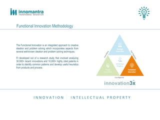 The Functional Innovation is an integrated approach to creative
ideation and problem solving which incorporates aspects from
several well-known ideation and problem solving techniques.
FI developed out of a research study that involved analyzing
30,000+ recent innovations and 10,000+ highly cited patents in
order to identify common patterns and develop useful heuristics
from products and process.
I N N O V A T I O N I N T E L L E C T U A L P R O P E R T Y
Functional Innovation Methodology
 