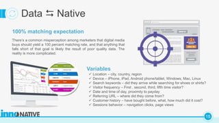 C
15
Data  Native
100% matching expectation
There’s a common misperception among marketers that digital media
buys should yield a 100 percent matching rate, and that anything that
falls short of that goal is likely the result of poor quality data. The
reality is more complicated.
Variables
 Location – city, country, region
 Device – iPhone, iPad, Android phone/tablet, Windows, Mac, Linux
 Search keywords – did they arrive while searching for shoes or shirts?
 Visitor frequency – First , second, third, fifth time visitor?
 Date and time of day, proximity to payday
 Referring URL – where did they come from?
 Customer history – have bought before, what, how much did it cost?
 Sessions behavior – navigation clicks, page views
 