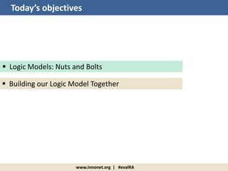 www.innonet.org | #evalRA
Today’s objectives
 Logic Models: Nuts and Bolts
 Building our Logic Model Together
 