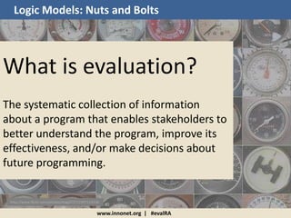 http://www.flickr.com/photos/mag3737/1997114236
/
www.innonet.org | #evalRA
What is evaluation?
The systematic collection of information
about a program that enables stakeholders to
better understand the program, improve its
effectiveness, and/or make decisions about
future programming.
Logic Models: Nuts and Bolts
 