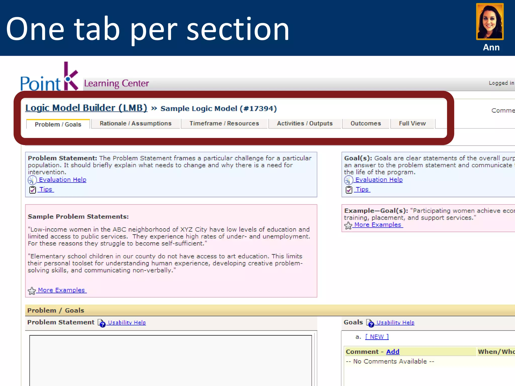 One tab per section

Ann

 