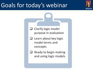 Goals for today’s webinar

 Clarify logic model
purpose in evaluation
 Learn about key logic
model terms and
concepts
 Ready to begin making
and using logic models

Johanna

 