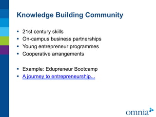 Knowledge Building Community

§    21st century skills
§    On-campus business partnerships
§    Young entrepreneur programmes
§    Cooperative arrangements

§  Example: Edupreneur Bootcamp
§  A journey to entrepreneurship...
 