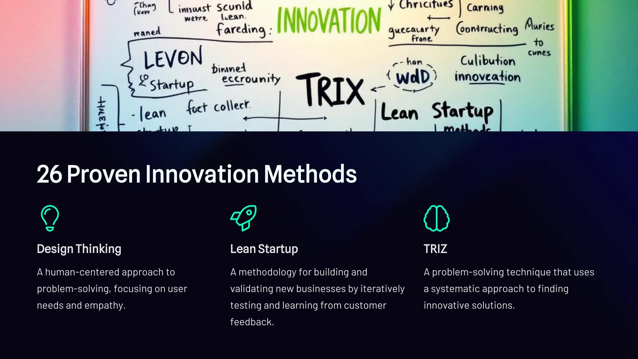 26 Proven Innovation Methods
Design Thinking
A human-centered approach to
problem-solving, focusing on user
needs and empathy.
Lean Startup
A methodology for building and
validating new businesses by iteratively
testing and learning from customer
feedback.
TRIZ
A problem-solving technique that uses
a systematic approach to finding
innovative solutions.
 