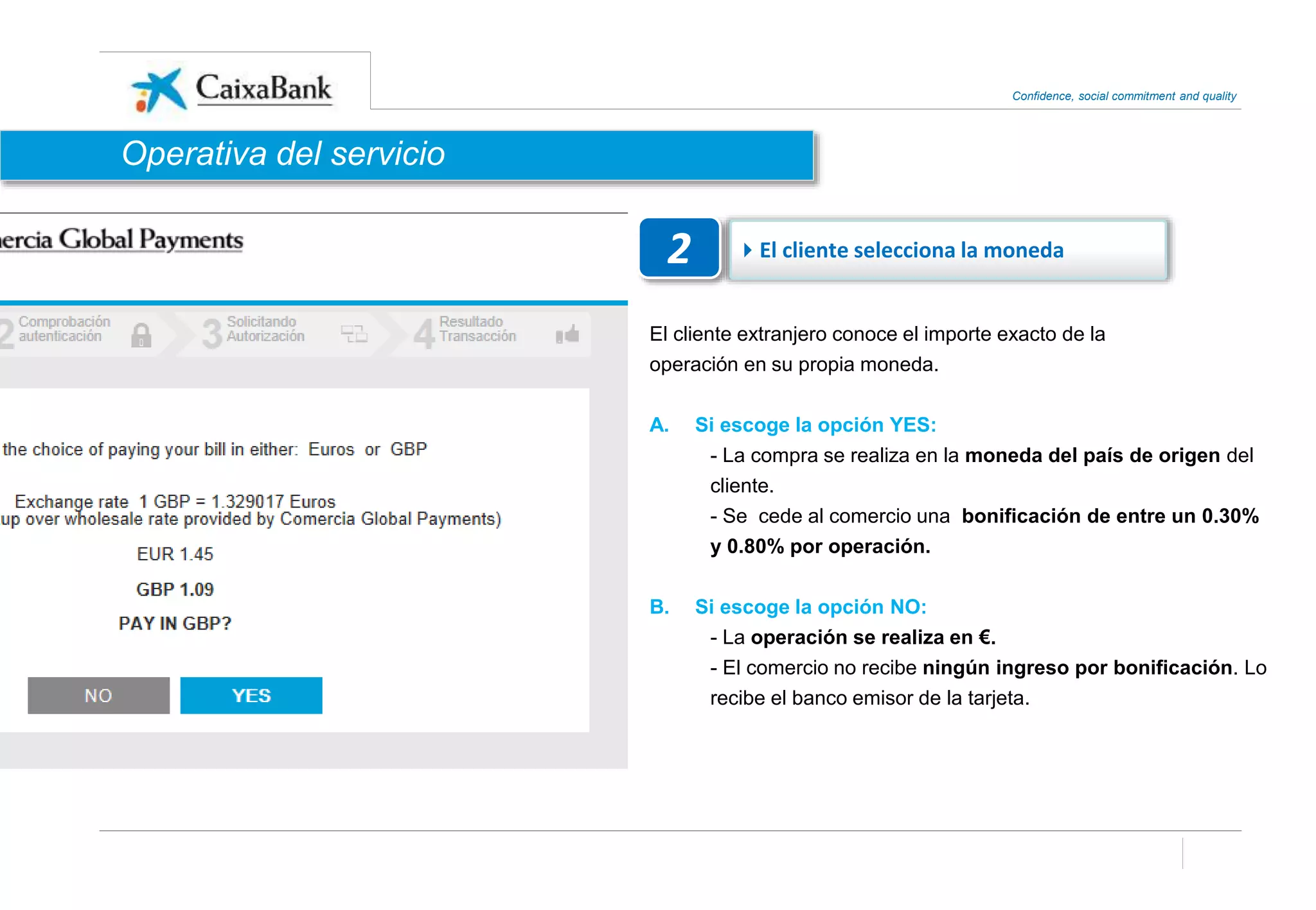 Confidence, social commitment and quality
El cliente extranjero conoce el importe exacto de la
operación en su propia moneda.
A. Si escoge la opción YES:
- La compra se realiza en la moneda del país de origen del
cliente.
- Se cede al comercio una bonificación de entre un 0.30%
y 0.80% por operación.
B. Si escoge la opción NO:
- La operación se realiza en €.
- El comercio no recibe ningún ingreso por bonificación. Lo
recibe el banco emisor de la tarjeta.
2 El cliente selecciona la moneda
Operativa del servicio
 