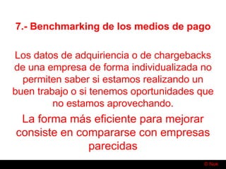 © Nuk
7.- Benchmarking de los medios de pago
Los datos de adquiriencia o de chargebacks
de una empresa de forma individualizada no
permiten saber si estamos realizando un
buen trabajo o si tenemos oportunidades que
no estamos aprovechando.
La forma más eficiente para mejorar
consiste en compararse con empresas
parecidas
 