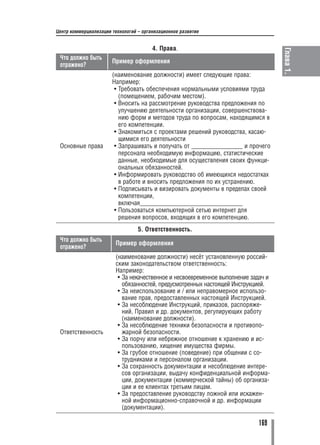Центр коммерциализации технологий – организационное развитие


                                        4. Права.




                                                                                     Глава 1.
 Что должно быть
                       Пример оформления
 отражено?
                       (наименование должности) имеет следующие права:
                       Например:
                        • Требовать обеспечения нормальными условиями труда
                          (помещением, рабочим местом).
                        • Вносить на рассмотрение руководства предложения по
                          улучшению деятельности организации, совершенствова
                          нию форм и методов труда по вопросам, находящимся в
                          его компетенции.
                        • Знакомиться с проектами решений руководства, касаю
                          щимися его деятельности
 Основные права         • Запрашивать и получать от ________________ и прочего
                          персонала необходимую информацию, статистические
                          данные, необходимые для осуществления своих функци
                          ональных обязанностей.
                        • Информировать руководство об имеющихся недостатках
                          в работе и вносить предложения по их устранению.
                        • Подписывать и визировать документы в пределах своей
                          компетенции,
                          включая________________________________
                        • Пользоваться компьютерной сетью интернет для
                          решения вопросов, входящих в его компетенцию.
                                  5. Ответственность.
 Что должно быть
                         Пример оформления
 отражено?
                         (наименование должности) несёт установленную россий
                         ским законодательством ответственность:
                         Например:
                          • За некачественное и несвоевременное выполнение задач и
                            обязанностей, предусмотренных настоящей Инструкцией.
                          • За неиспользование и / или неправомерное использо
                            вание прав, предоставленных настоящей Инструкцией.
                          • За несоблюдение Инструкций, приказов, распоряже
                            ний, Правил и др. документов, регулирующих работу
                            (наименование должности).
                          • За несоблюдение техники безопасности и противопо
 Ответственность            жарной безопасности.
                          • За порчу или небрежное отношение к хранению и ис
                            пользованию, хищение имущества фирмы.
                          • За грубое отношение (поведение) при общении с со
                            трудниками и персоналом организации.
                          • За сохранность документации и несоблюдение интере
                            сов организации, выдачу конфиденциальной информа
                            ции, документации (коммерческой тайны) об организа
                            ции и ее клиентах третьим лицам.
                          • За предоставление руководству ложной или искажен
                            ной информационно справочной и др. информации
                            (документации).

                                                                              169
 