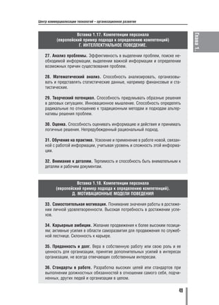 Центр коммерциализации технологий – организационное развитие


                     Вставка 1.17. Компетенции персонала




                                                                              Глава 1.
           (европейский пример подхода к определению компетенций)
                      Г. ИНТЕЛЛЕКТУАЛЬНОЕ ПОВЕДЕНИЕ.

    27. Анализ проблемы. Эффективность в выделении проблем, поиске не
    обходимой информации, выделении важной информации и определении
    возможных причин существования проблем.

    28. Математический анализ. Способность анализировать, организовы
    вать и представлять статистические данные, например финансовые и ста
    тистические.

    29. Творческий потенциал. Способность придумывать образные решения
    в деловых ситуациях. Инновационное мышление. Способность определять
    радикальные по отношению к традиционным методам и подходам альтер
    нативы решения проблем.

    30. Оценка. Способность оценивать информацию и действия и принимать
    логичные решения. Непредубежденный рациональный подход.

    31. Обучение на практике. Усвоение и применение в работе новой, связан
    ной с работой информации, учитывая уровень и сложность этой информа
    ции.

    32. Внимание к деталям. Терпимость и способность быть внимательным к
    деталям и рабочим документам.


                     Вставка 1.18. Компетенции персонала
          (европейский пример подхода к определению компетенций).
                  Д. МОТИВАЦИОННЫЕ МОДЕЛИ ПОВЕДЕНИЯ

    33. Самостоятельная мотивация. Понимание значения работы в достиже
    нии личной удовлетворенности. Высокая потребность в достижении успе
    хов.

    34. Карьерные амбиции. Желание продвижения к более высоким позици
    ям; активные усилия в области саморазвития для продвижения по служеб
    ной лестнице. Склонность к карьере.

    35. Преданность и долг. Вера в собственную работу или свою роль и ее
    ценность для организации, принятие дополнительных усилий в интересах
    организации, не всегда отвечающих собственным интересам.

    36. Стандарты в работе. Разработка высоких целей или стандартов при
    выполнении должностных обязанностей в отношении самого себя, подчи
    ненных, других людей и организации в целом.

                                                                         49
 