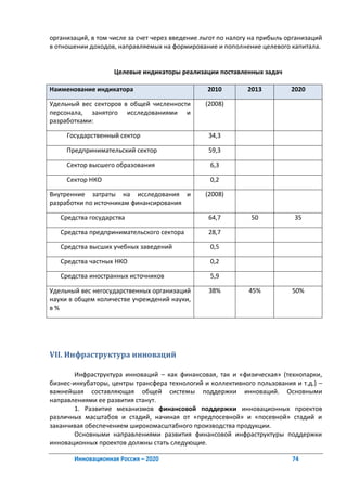 организаций, в том числе за счет через введение льгот по налогу на прибыль организаций
в отношении доходов, направляемых на формирование и пополнение целевого капитала.


                    Целевые индикаторы реализации поставленных задач

Наименование индикатора                          2010         2013          2020

Удельный вес секторов в общей численности        (2008)
персонала, занятого исследованиями и
разработками:

     Государственный сектор                       34,3

     Предпринимательский сектор                   59,3

     Сектор высшего образования                   6,3

     Сектор НКО                                   0,2

Внутренние затраты на исследования и             (2008)
разработки по источникам финансирования

   Средства государства                           64,7         50            35

   Средства предпринимательского сектора          28,7

   Средства высших учебных заведений              0,5

   Средства частных НКО                           0,2

   Средства иностранных источников                5,9

Удельный вес негосударственных организаций        38%         45%           50%
науки в общем количестве учреждений науки,
в%




VII. Инфраструктура инноваций

        Инфраструктура инноваций – как финансовая, так и «физическая» (технопарки,
бизнес-инкубаторы, центры трансфера технологий и коллективного пользования и т.д.) –
важнейшая составляющая общей системы поддержки инноваций. Основными
направлениями ее развития станут.
        1. Развитие механизмов финансовой поддержки инновационных проектов
различных масштабов и стадий, начиная от «предпосевной» и «посевной» стадий и
заканчивая обеспечением широкомасштабного производства продукции.
        Основными направлениями развития финансовой инфраструктуры поддержки
инновационных проектов должны стать следующие.

       Инновационная Россия – 2020                                          74
 