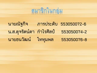 นายณัฐกิจ ภารประดับ 553050072-6
น.ส.ดุจรัตน์ดา กาไรศิลป์ 553050074-2
นายธนวัฒน์ โททุมพล 553050076-8
 