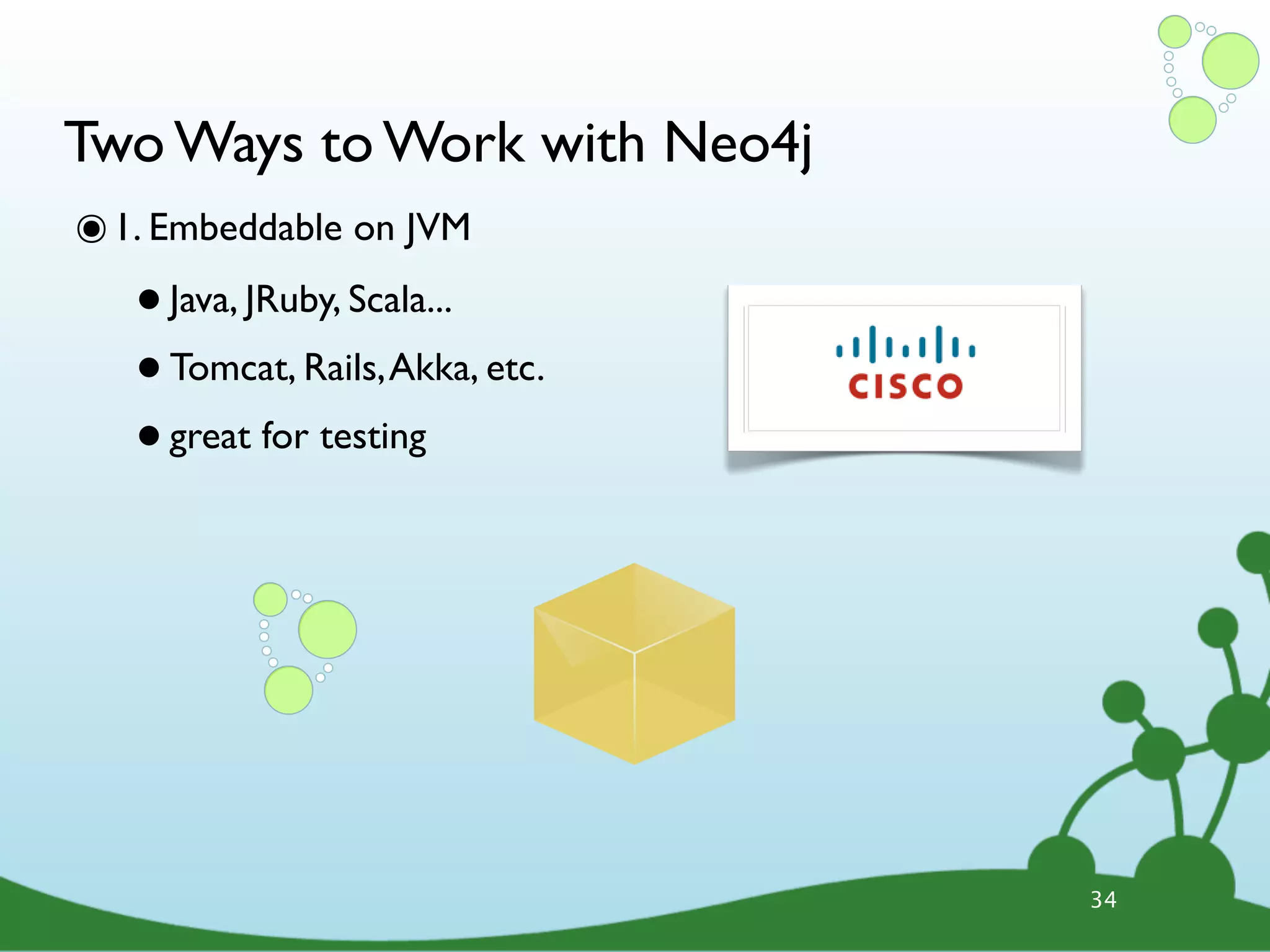 Two Ways to Work with Neo4j ๏ 1. Embeddable on JVM • Java, JRuby, Scala... • Tomcat, Rails, Akka, etc. • great for testing 34 