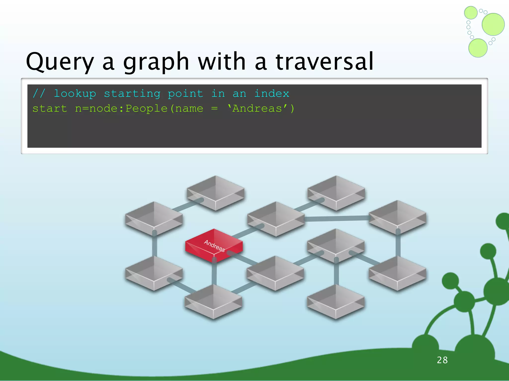 Query a graph with a traversal // lookup starting point in an index start n=node:People(name = ‘Andreas’) And rea s 28 