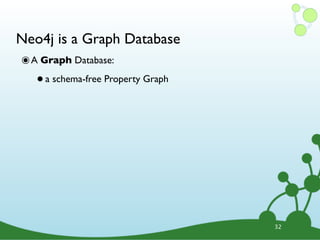 Neo4j is a Graph Database
๏ A Graph Database:
   • a schema-free Property Graph




                                    32
 