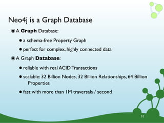 Neo4j is a Graph Database
๏ A Graph Database:
   • a schema-free Property Graph
   • perfect for complex, highly connected data
๏ A Graph Database:
   • reliable with real ACID Transactions
   • scalable: 32 Billion Nodes, 32 Billion Relationships, 64 Billion
        Properties

   • fast with more than 1M traversals / second

                                                                 32
 