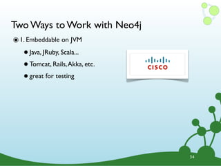 Two Ways to Work with Neo4j
๏ 1. Embeddable on JVM
   • Java, JRuby, Scala...
   • Tomcat, Rails, Akka, etc.
   • great for testing




                                 34
 